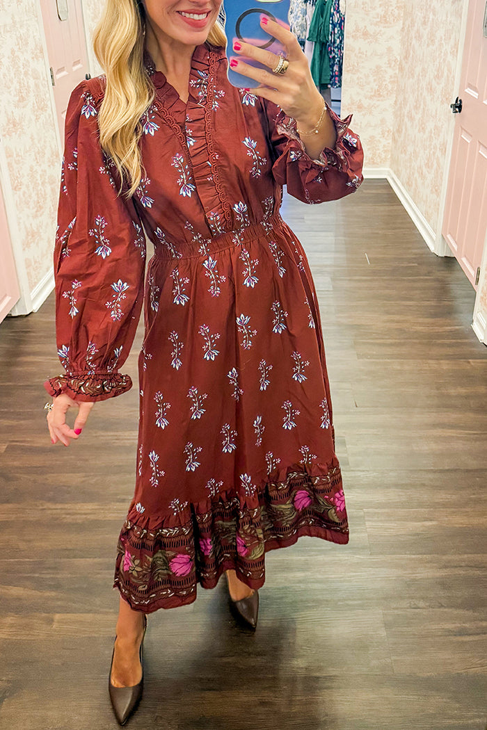 Floral Gathered Waist Ruffle Dress