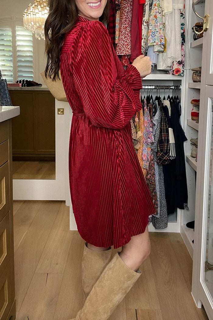 Pocketed Tie Waist Pleated Mini Dress