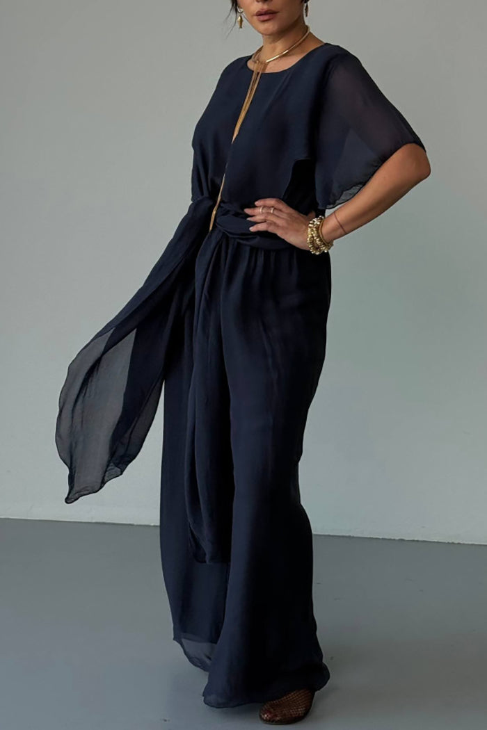 Flowy Asymmetric Cape Sleeve Wide Leg Pants Set