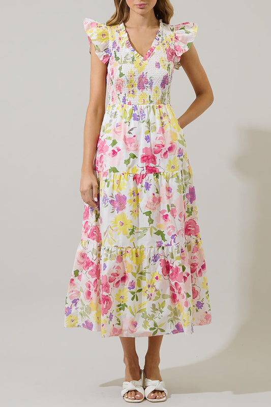 Ruffle Sleeve Floral Pocket Dress