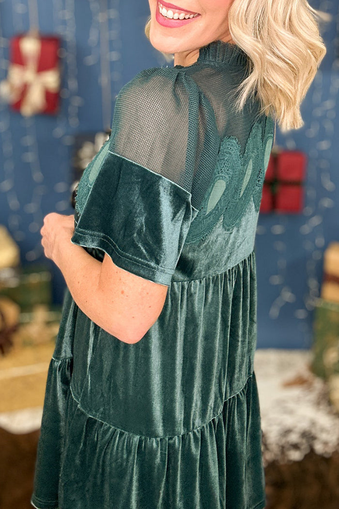 Lace Sheer-Yoke Velvet Dress