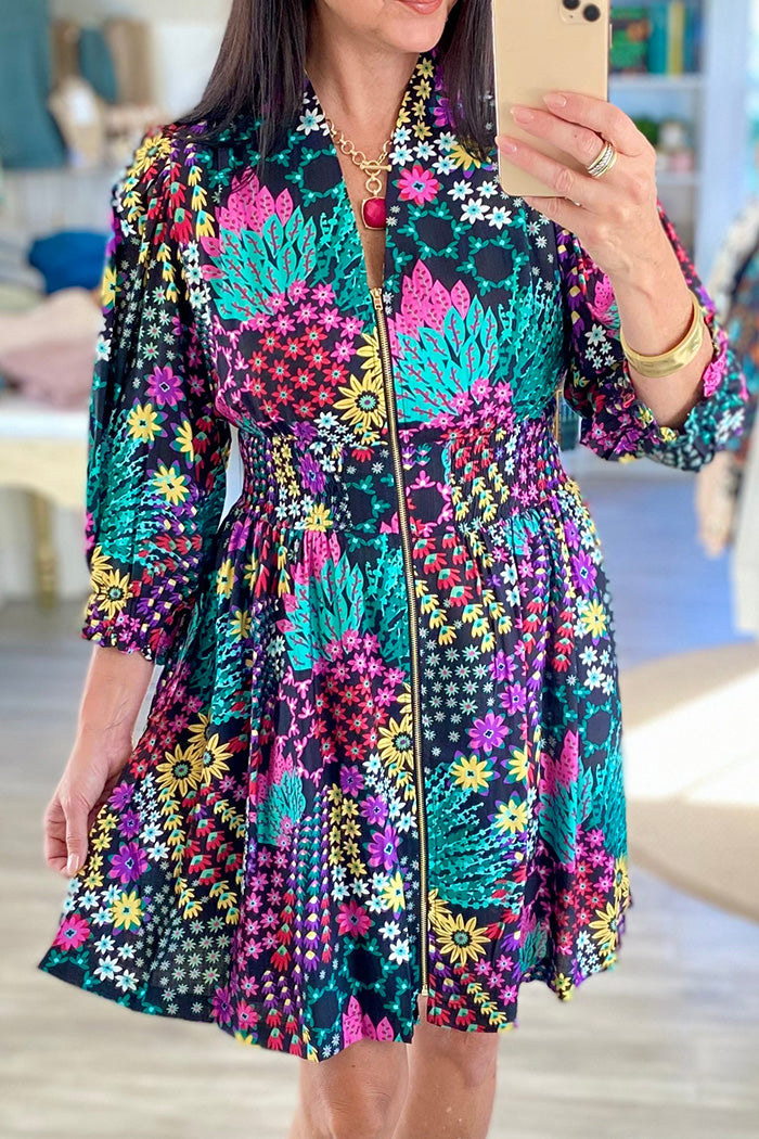 3/4 Puff Sleeve Floral Zip Front Mini Dress