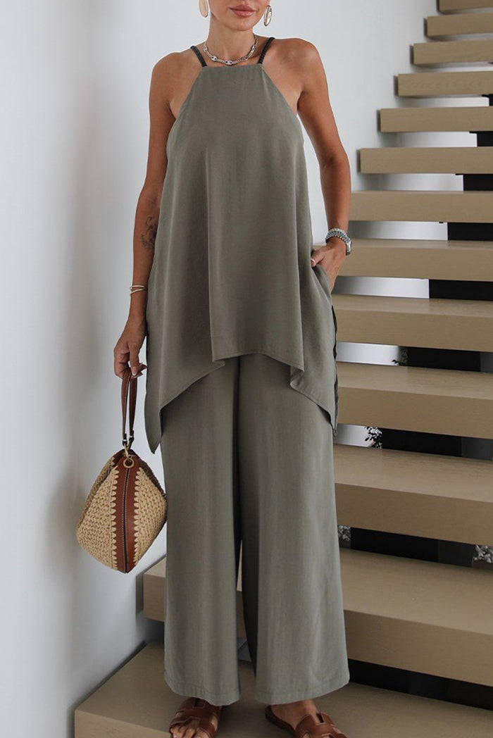 Spaghetti Strap Back Slit Pocket Top Pant Set