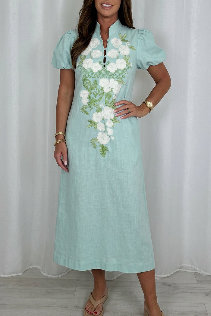 Light Mint Green Floral Puff Sleeve Maxi Dress