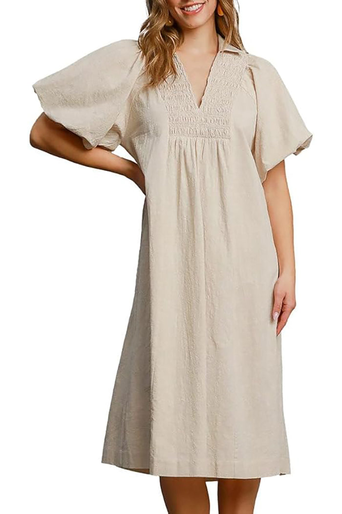 Smocked Front Puff Sleeve Dress