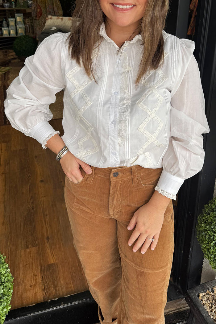 Embroidered Diamond Ruffle Trim White Blouse