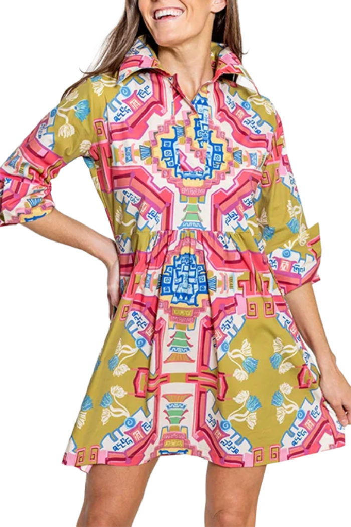Multicolor Print Collared 3/4 Sleeve Pocket Dress