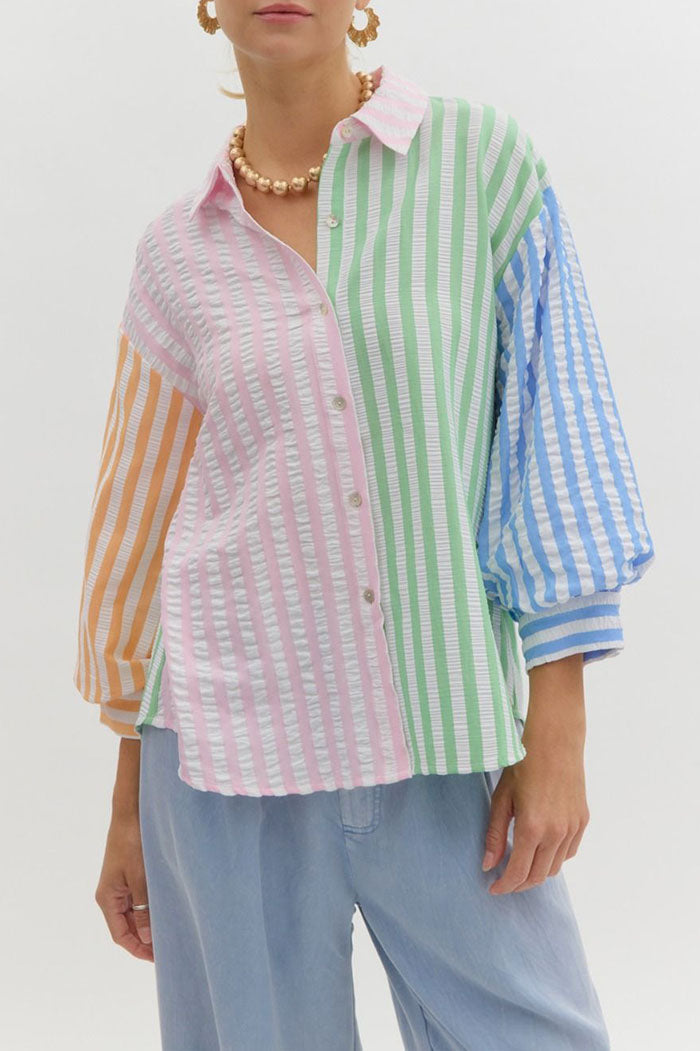 Striped Color block Button Top