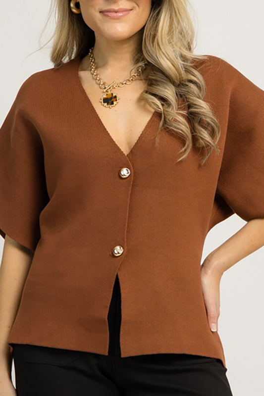 Brown V-Neck Buttoned Cardigan