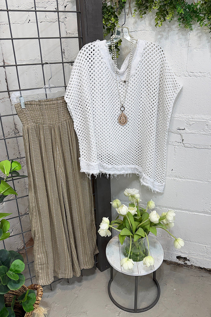 White Open Knit Fringe Hem Top & Wide Leg Pants Two Piece Set