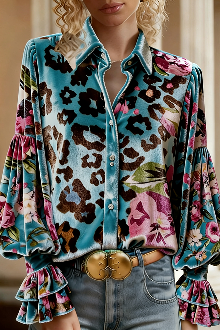 Velvet Leopard Floral Print Button Up Top