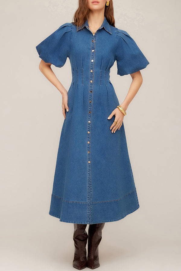 Casual Puff Sleeve Denim Dress