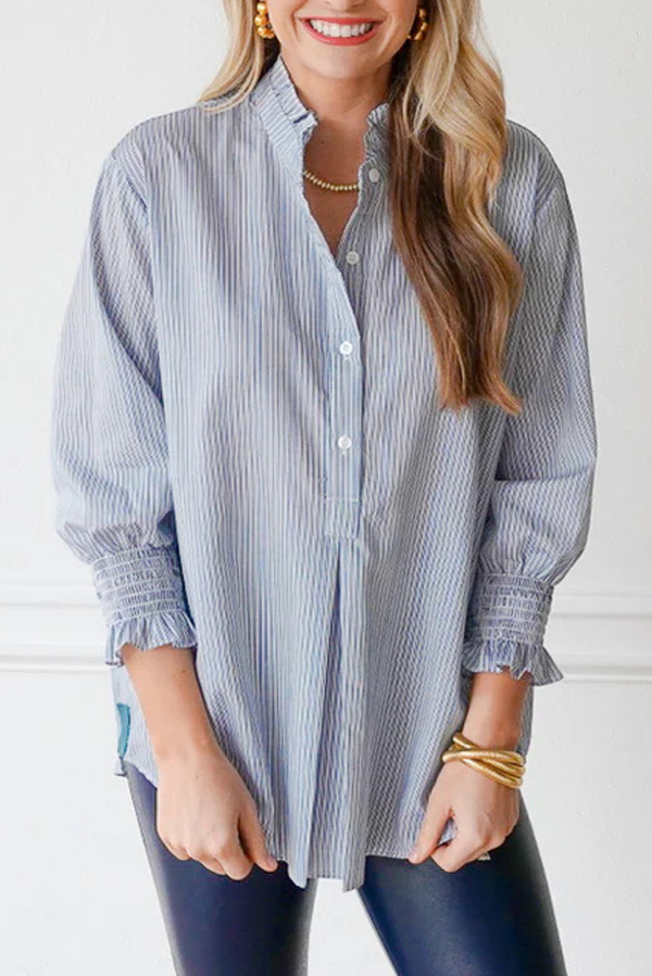 Casual Pleated Cuff Striped Top