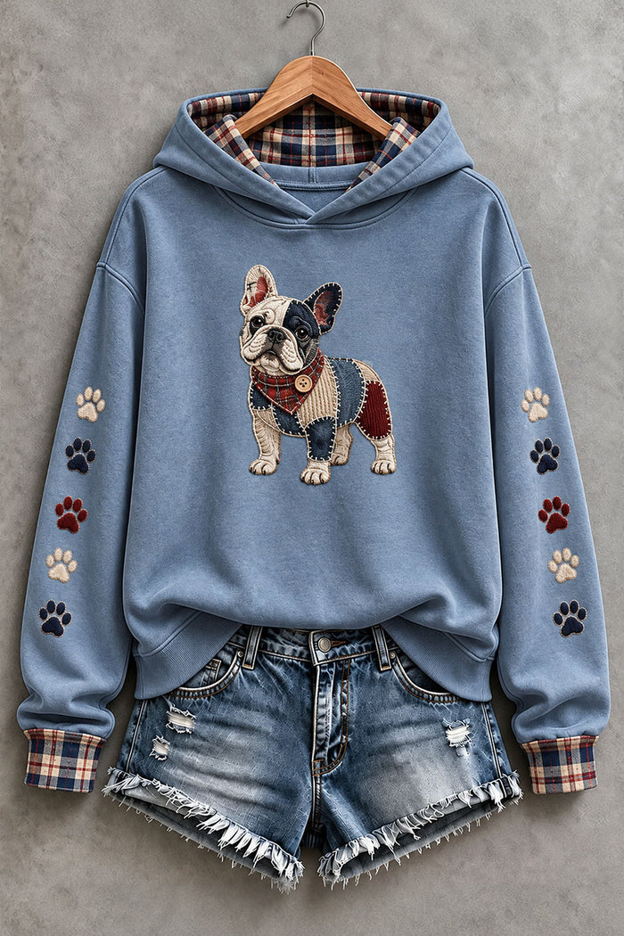 Embroidered French Bulldog Paw Patchwork Hoodie