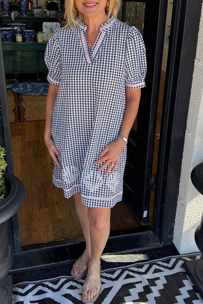 Navy Gingham Puff Sleeve Pocketed Dress