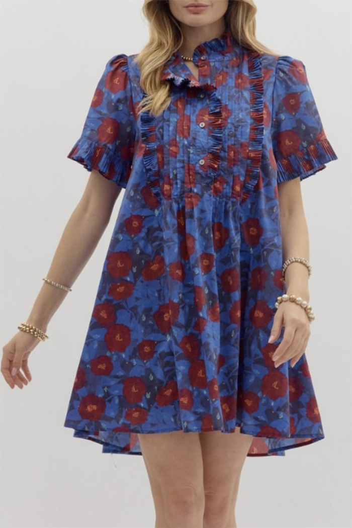 Floral Ruffled Short-Sleeve Pocket Tunic Dress