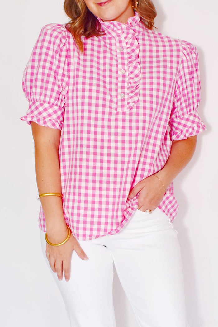 Pink Gingham Ruffle Top