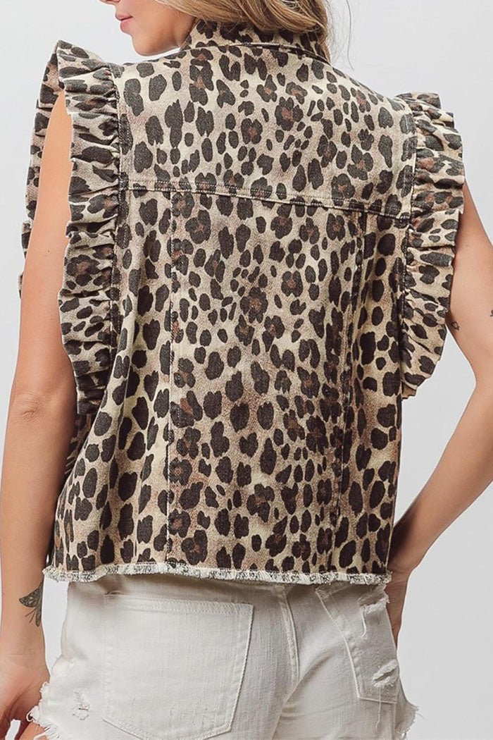Leopard Print Ruffle Sleeveless Jacket