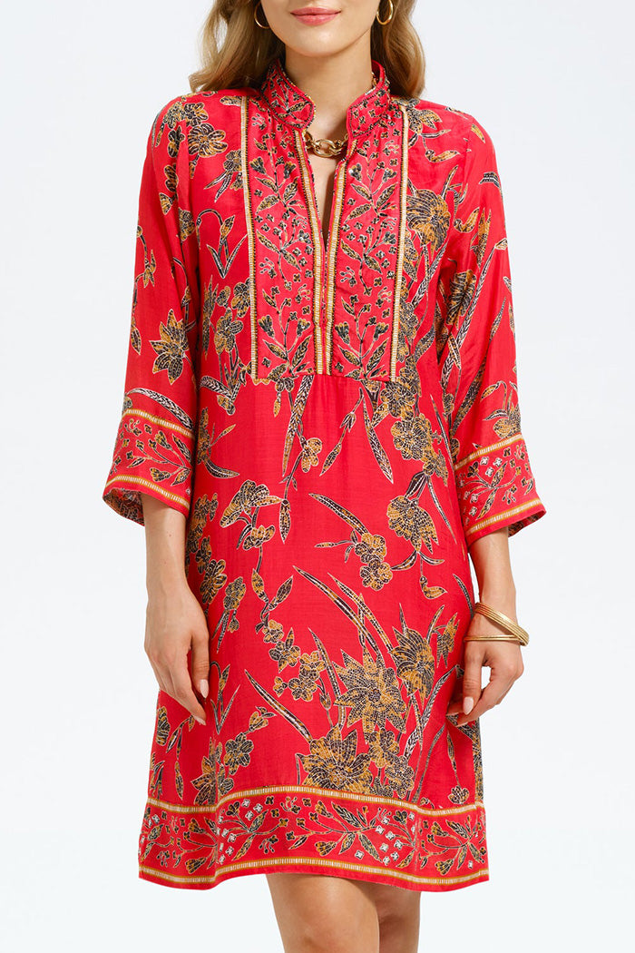 Flora Print Stand Collar Trim Tunic Dress
