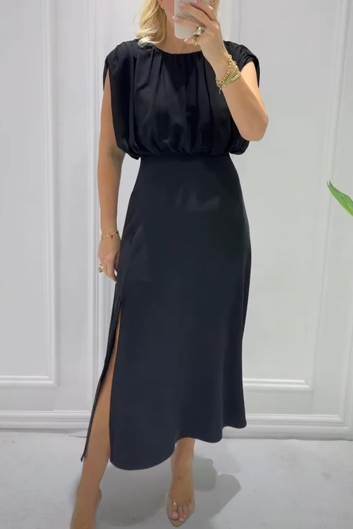 Sleeveless Open Back Ruched Waist Midi Dress
