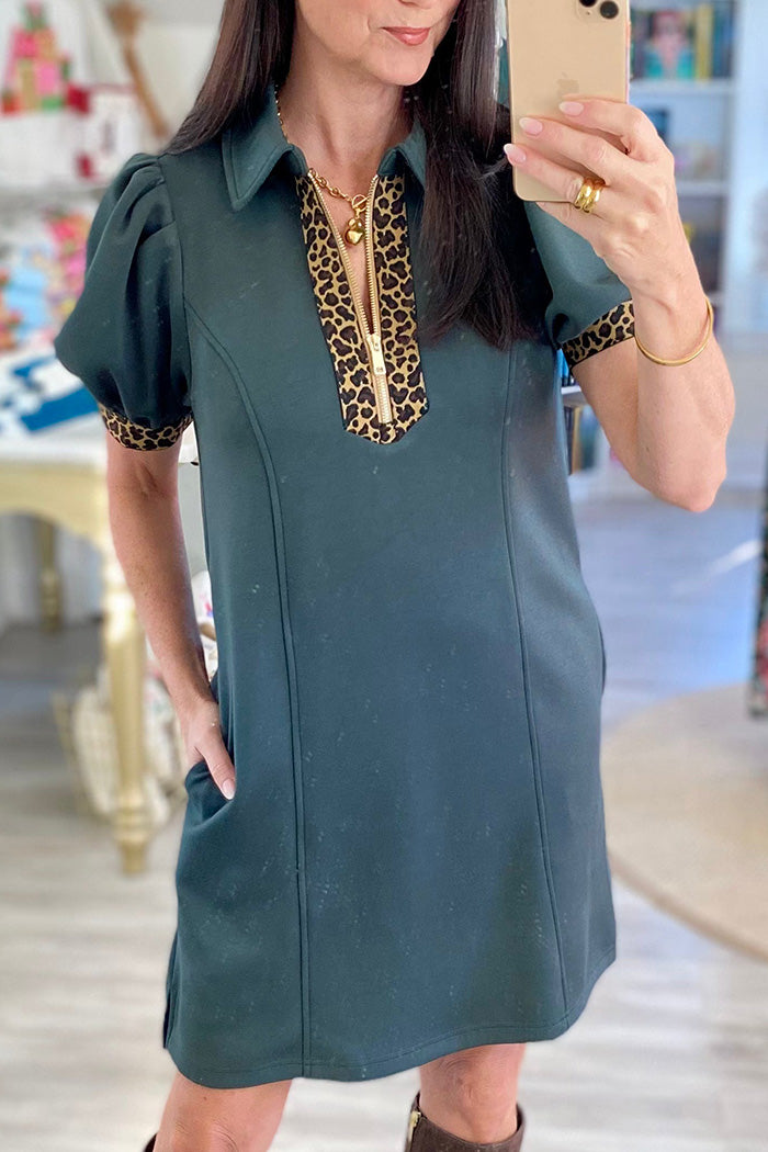 Pocketed Leopard Trim Puff Sleeve Mini Dress