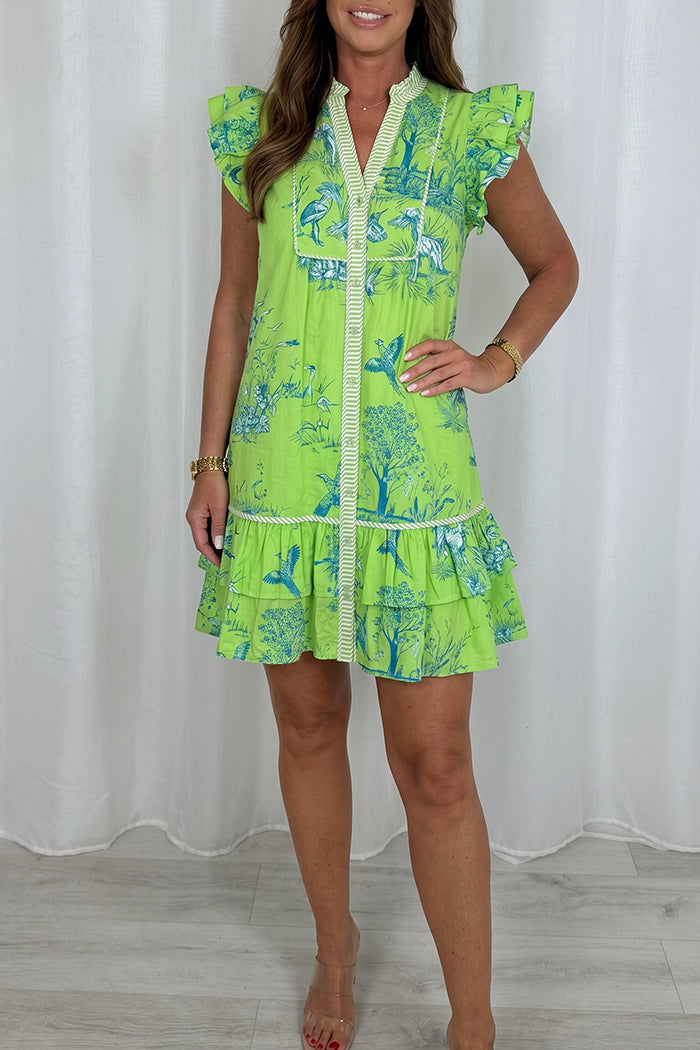 Toile Print Flutter Sleeve Tiered Dress