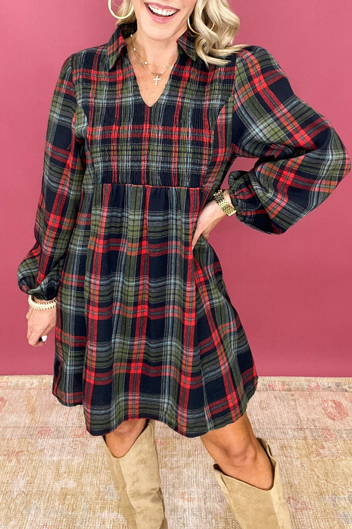 V-Neck Waist-Cinched Plaid Dress