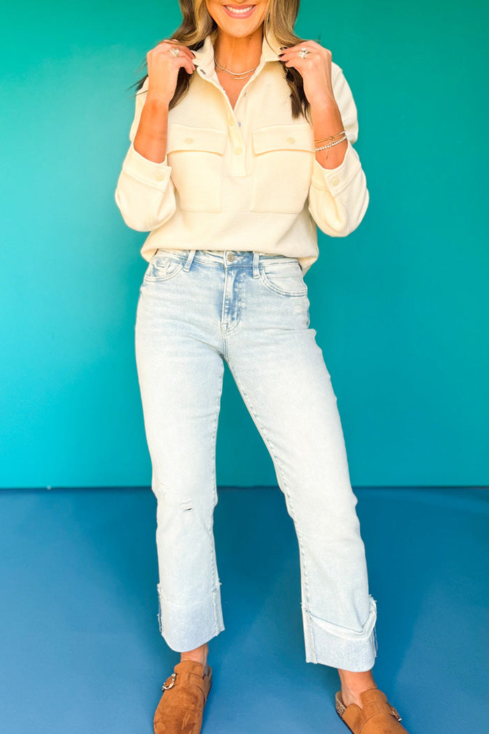 Pocketed Waffle Knit Cropped Shacket Top