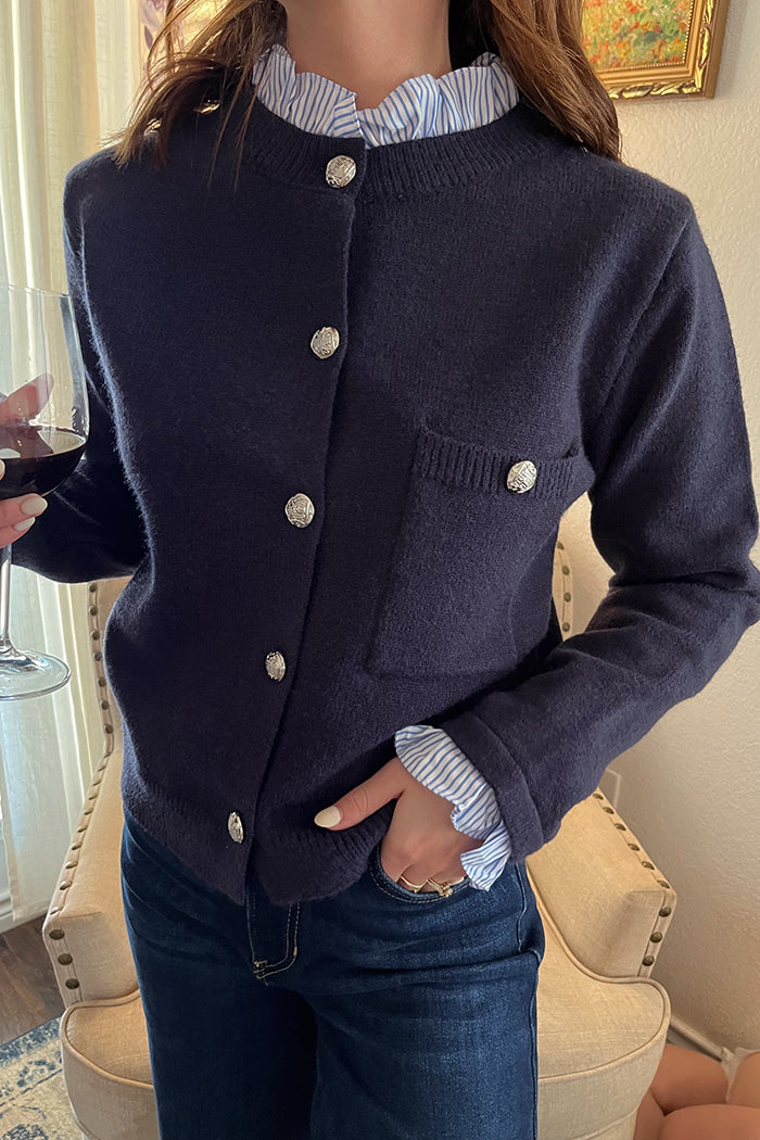 Ruffle Neckline Crewneck Cardigan