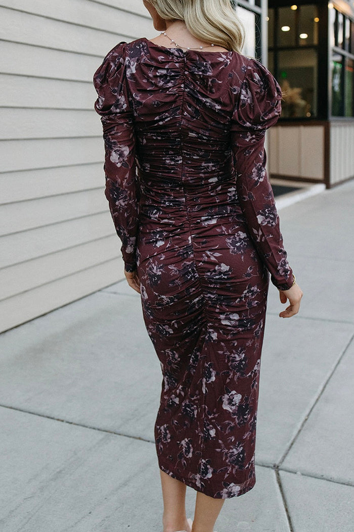 Floral Ruched Plunging V Mesh Dress