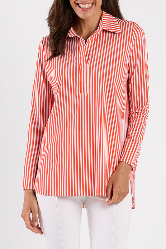 Stripe Collared Half-Placket Long Sleeve Top