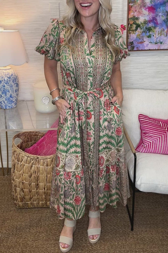 Floral Print Pocket Bubble Sleeve Maxi Dress