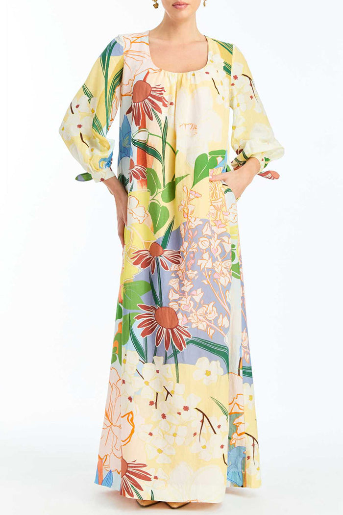 Tie-Cuff Puff Sleeve Floral Pocket Maxi Dress