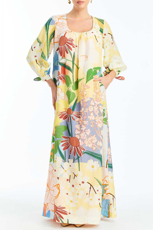 Tie-Cuff Puff Sleeve Floral Pocket Maxi Dress