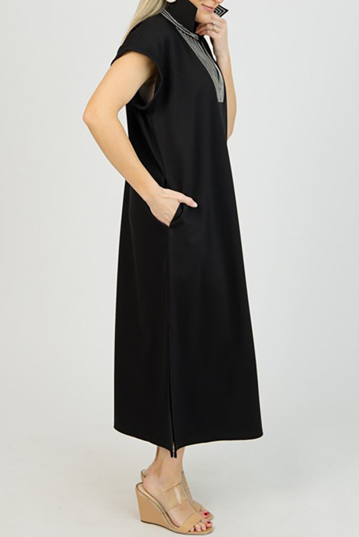 Contrast Stitch Collar Pocketed Midi Dress