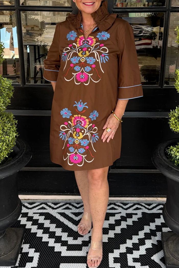 Ruffle Neck Floral Embroidered 3/4 Sleeve Pocket Shift Dress