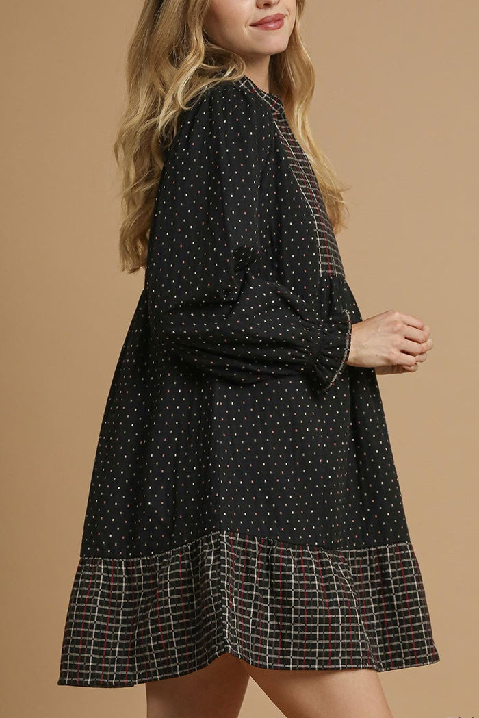 Polka Dot Plaid Trim Babydoll Dress