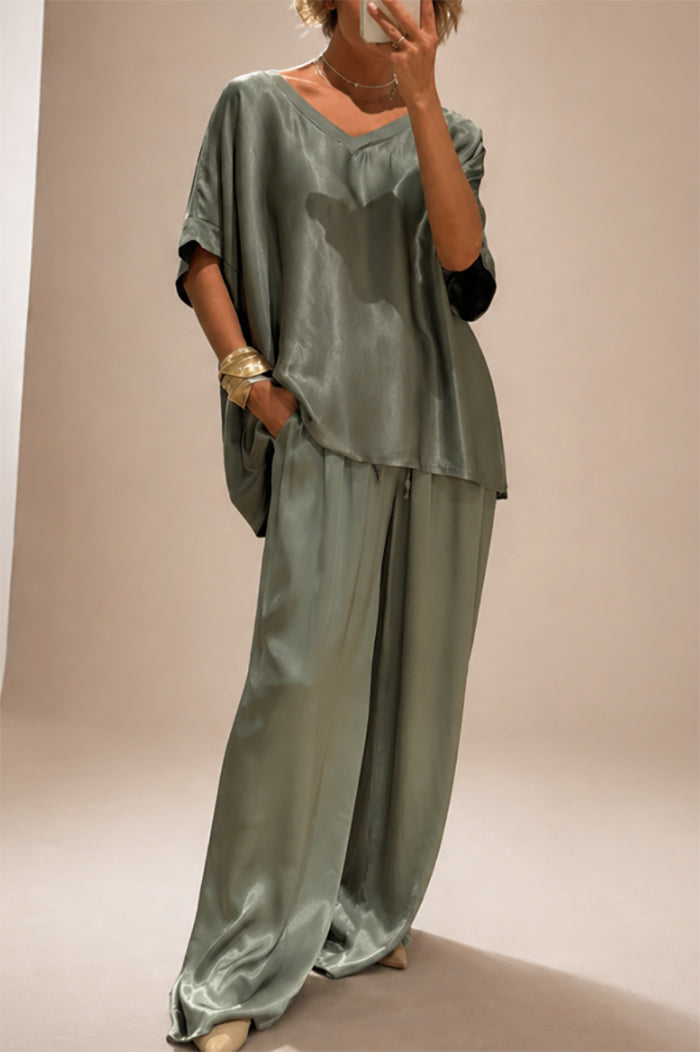 Casual Short Sleeve Wide Leg Pants Set