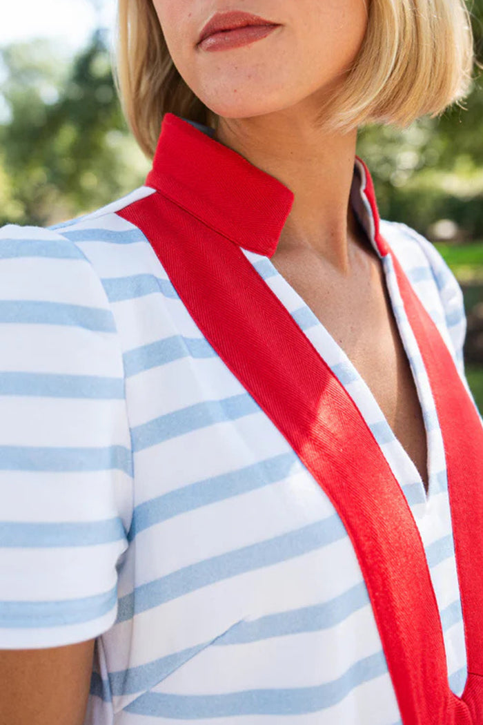 Blue Stripe Puff Sleeve Midi Tunic Dress