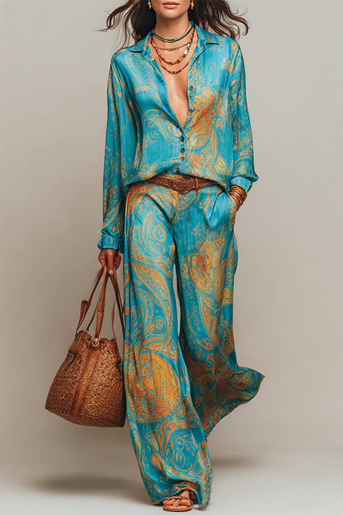 Paisley Print Button Down Two Piece Set