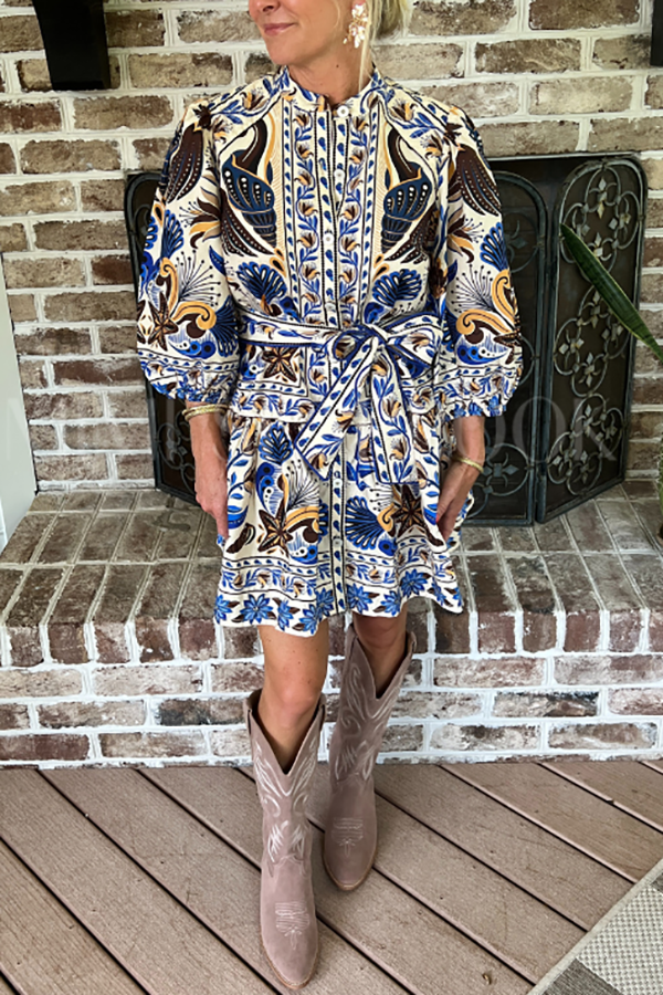 Casual Retro Patterned Belt Dress