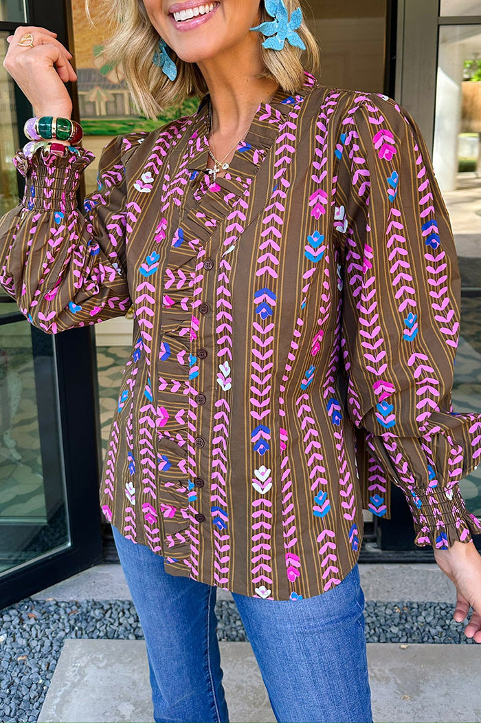 Floral Vine Print Ruffled Smocked Cuff Top