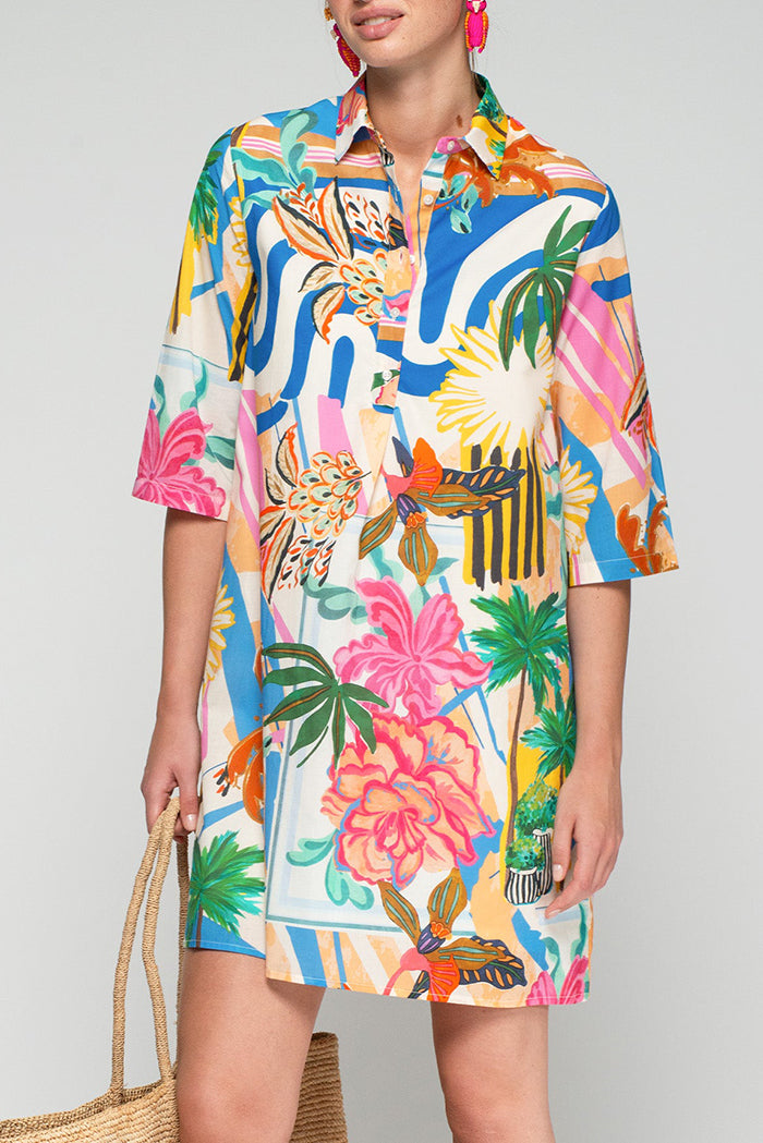 3/4 Sleeve Collared Tropical Printed Pocket Shirt Dress