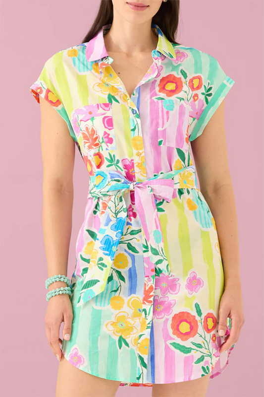 Colorful Floral Curved Hem Button Dress