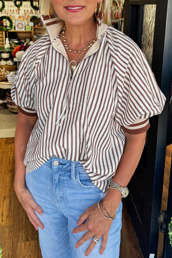 Casual Striped Half-Zipper Top