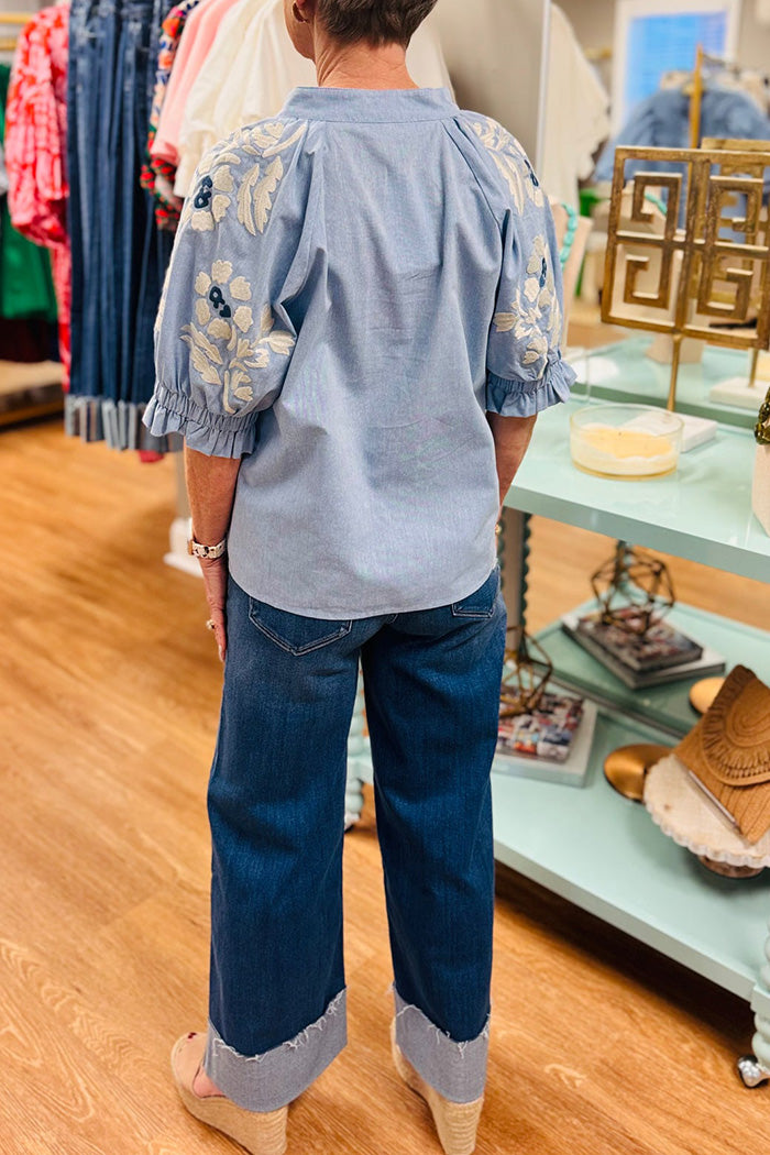 Puff Sleeve Floral Embroidery Top