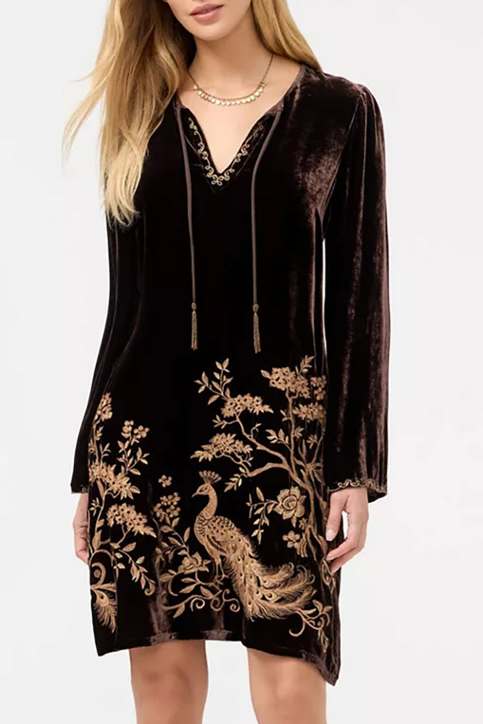 Velvet Peacock Embroidery Dress