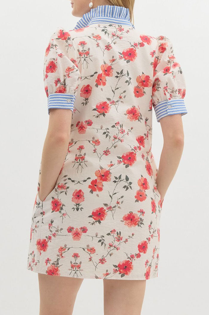 Striped Collar Floral Pocket Dress