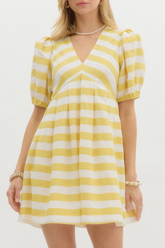 Striped Puff Sleeve Pocket Dress