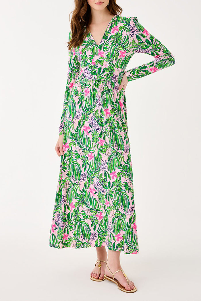 V-Neck Long Sleeves Print Midi Dress
